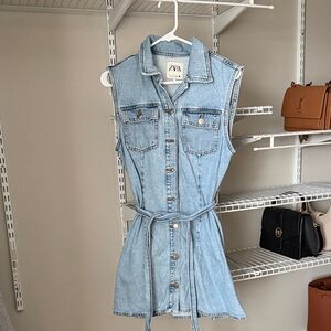 Zara Light Denim Sleeveless Shirt Dress with Tie Belt